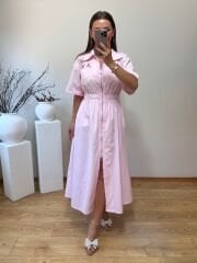 ÜSTÜ BRODELİ ÖNDEN FERMUARLI POPLİN ELBİSE PEMBE