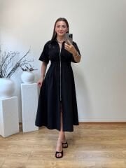 ÜSTÜ BRODELİ ÖNDEN FERMUARLI POPLİN ELBİSE SİYAH