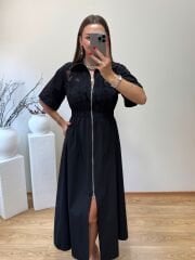 ÜSTÜ BRODELİ ÖNDEN FERMUARLI POPLİN ELBİSE SİYAH