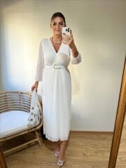 KEMERLİ ÖZEL TASARIM PİLİSE KUMAŞ ELBİSE BEYAZ