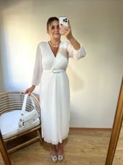 KEMERLİ ÖZEL TASARIM PİLİSE KUMAŞ ELBİSE BEYAZ