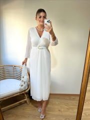 KEMERLİ ÖZEL TASARIM PİLİSE KUMAŞ ELBİSE BEYAZ