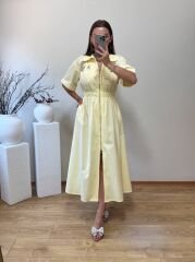 ÜSTÜ BRODELİ ÖNDEN FERMUARLI POPLİN ELBİSE SARI