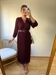 KEMERLİ ÖZEL TASARIM PİLİSE KUMAŞ ELBİSE MÜRDÜM