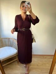 KEMERLİ ÖZEL TASARIM PİLİSE KUMAŞ ELBİSE MÜRDÜM