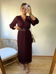 KEMERLİ ÖZEL TASARIM PİLİSE KUMAŞ ELBİSE MÜRDÜM