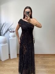 TEK OMUZ DRAPE YAKA LEOPAR DESENLİ ASTARLI TÜL ELBİSE