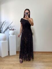 TEK OMUZ DRAPE YAKA LEOPAR DESENLİ ASTARLI TÜL ELBİSE