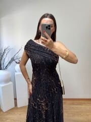 TEK OMUZ DRAPE YAKA LEOPAR DESENLİ ASTARLI TÜL ELBİSE