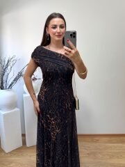 TEK OMUZ DRAPE YAKA LEOPAR DESENLİ ASTARLI TÜL ELBİSE