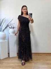 TEK OMUZ DRAPE YAKA LEOPAR DESENLİ ASTARLI TÜL ELBİSE