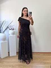 TEK OMUZ DRAPE YAKA LEOPAR DESENLİ ASTARLI TÜL ELBİSE