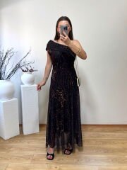 TEK OMUZ DRAPE YAKA LEOPAR DESENLİ ASTARLI TÜL ELBİSE