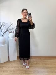 DANTEL KUMAŞ İÇİ ASTARLI KALEM ELBİSE SİYAH