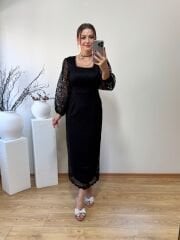 DANTEL KUMAŞ İÇİ ASTARLI KALEM ELBİSE SİYAH