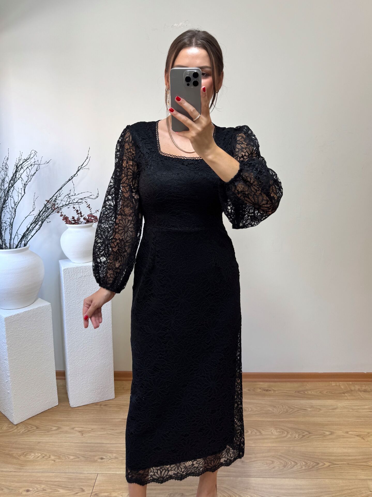 DANTEL KUMAŞ İÇİ ASTARLI KALEM ELBİSE SİYAH