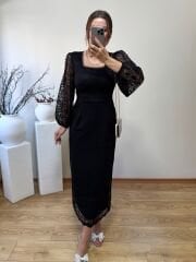 DANTEL KUMAŞ İÇİ ASTARLI KALEM ELBİSE SİYAH