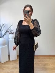 DANTEL KUMAŞ İÇİ ASTARLI KALEM ELBİSE SİYAH