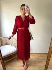 KEMERLİ ÖZEL TASARIM PİLİSE KUMAŞ ELBİSE KIRMIZI