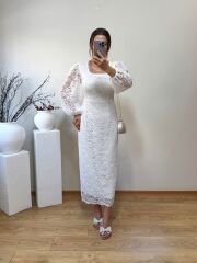 DANTEL KUMAŞ İÇİ ASTARLI KALEM ELBİSE BEYAZ