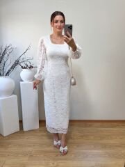 DANTEL KUMAŞ İÇİ ASTARLI KALEM ELBİSE BEYAZ