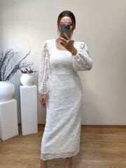 DANTEL KUMAŞ İÇİ ASTARLI KALEM ELBİSE BEYAZ