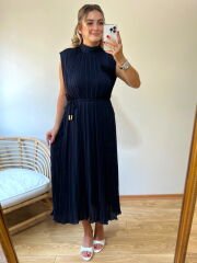 TASARIM MODEL PİLİSE KUMAŞ ELBİSE LACİVERT