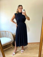 TASARIM MODEL PİLİSE KUMAŞ ELBİSE LACİVERT