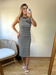 FULL LİKRALI BEYAZ ÜZERİ SİYAH ÇİZGİLİ BASİC ELBİSE