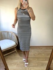 FULL LİKRALI BEYAZ ÜZERİ SİYAH ÇİZGİLİ BASİC ELBİSE