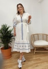 ORGANİK PAMUK KUMAŞ KOLLARI LASTİKLİ VE İÇİ ASTARLI  İŞLEMELİ ELBİSE