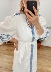 ORGANİK PAMUK KUMAŞ KOLLARI LASTİKLİ VE İÇİ ASTARLI  İŞLEMELİ ELBİSE