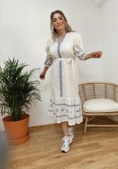 ORGANİK PAMUK KUMAŞ KOLLARI LASTİKLİ VE İÇİ ASTARLI  İŞLEMELİ ELBİSE